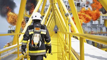 coatings, fireman, firefighter, walking, oil rig, fire
